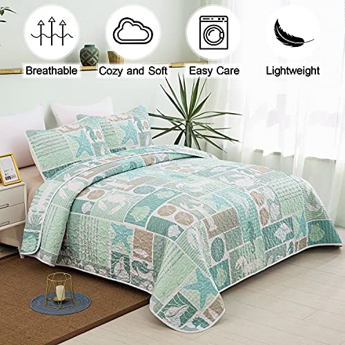 DJY 3 Pieces Quilt Set King Coastal Green Theme Quilt Coverlet Set Beach Reversible Bedspread with 2 Pillow Shams Soft Microfiber Coastal Bedding Quilt Set for All Season 104"x90" - Image 2