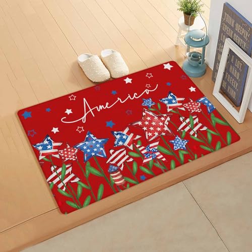 Red Patriotic Flower Antifatigue Kitchen Bath Door Mat Cushioned Runner Rug,Washable Welcome Floor Sink Mat,Waterproof & Non-Slip Standing Doormat for Kitchen,Modern 4th of July Star Flag 18