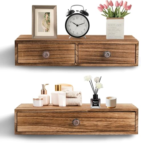 Image of W00YNEX Floating Shelves with Drawers: Wood Wall Shelves /Cabinets for Storage and Exhibition; Doubles as a Bedside or Nightstand Set of 2 in Vintage- (Natural A)
