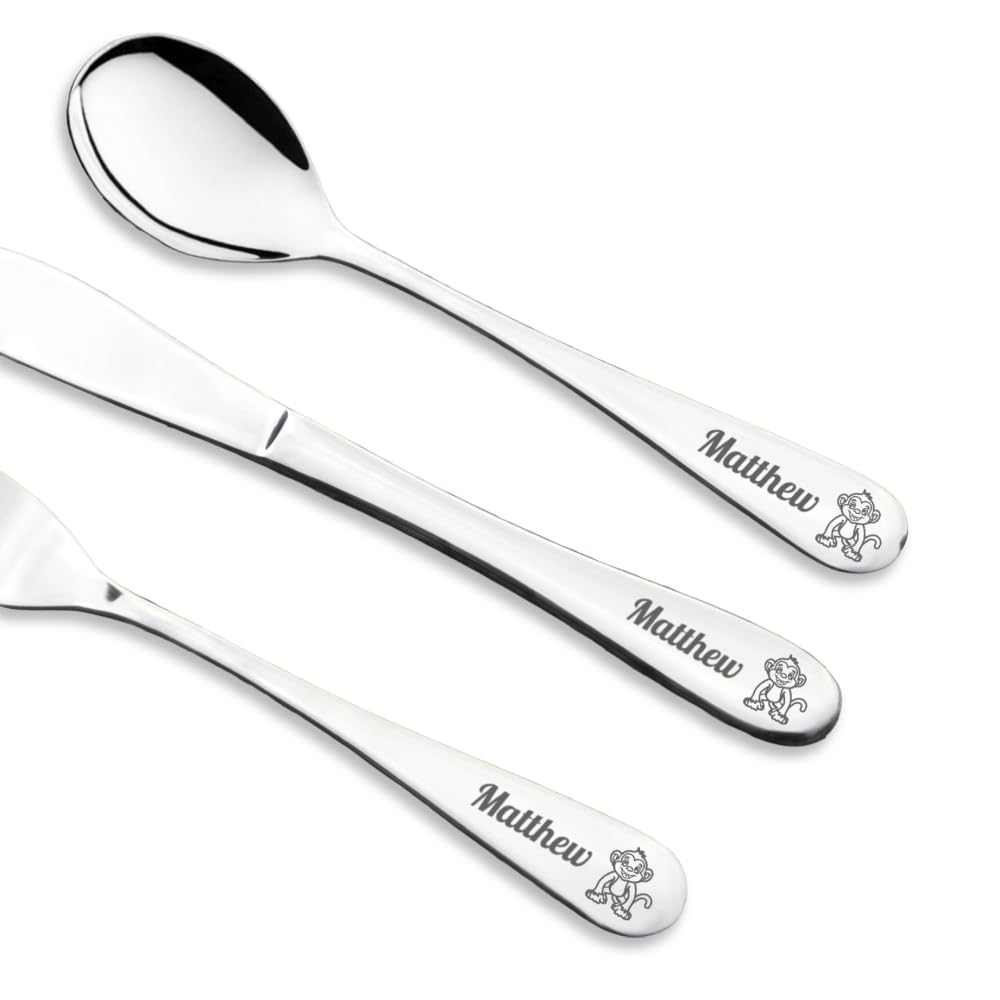 Personalised Engraved Childrens Cutlery Set Christening Birthday Kids Gift Idea (Monkey)