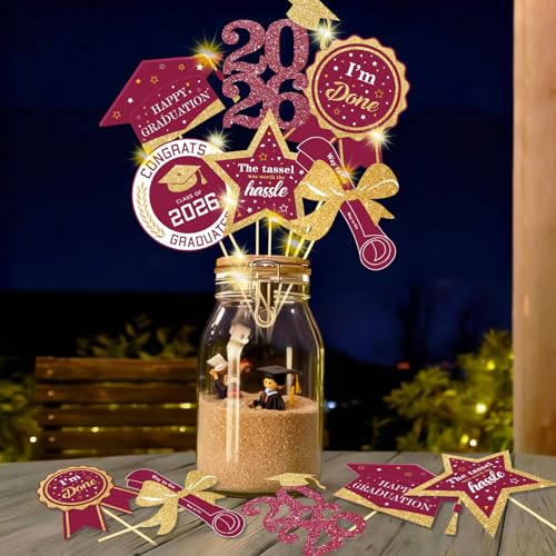 Image of Graduation Decorations for Class of 2026-60pcs Glitter Maroon Party Table Centerpieces Sticks with LED String Lights for College High School 2026 Graduation Party Favors Supplies