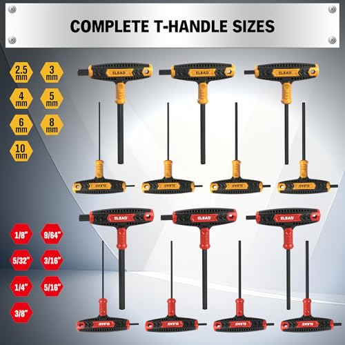 Image of ELEAD 14-Piece T-handle Allen Wrench Set, Metric 2.5mm-10mm & SAE 1 /8 inch-3 /8 inch Portable Hex Key, Long Arm Allen Key Set with Storage Box for Basic Home Repair and Mechanical Maintenance