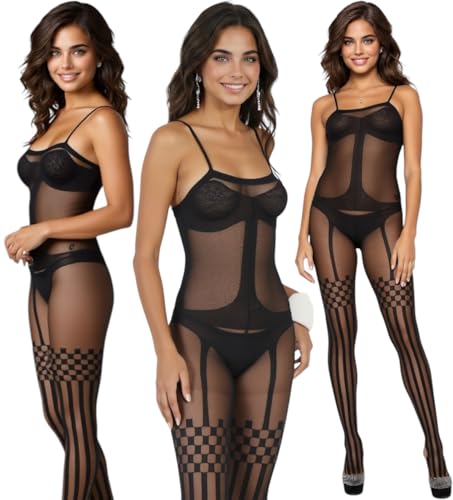 Image of ToBeInStyle Women's Assorted Bodystocking Sheer Opaque or Fishnet Crotchless Lingerie Bodysuit