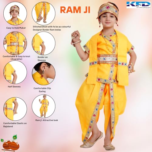Image of Kaku Fancy Dresses Raja Ram Costume for Kids Ramayan Fancy Dress for School Mythological Events - Yellow, 3-6 MONTH, Unisex
