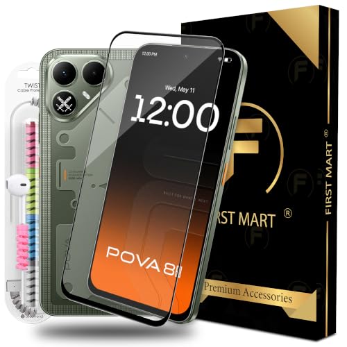 Image of FIRST MART Tempered Glass for Tecno Pova 8, 9H 0.3 mm Full-Glue Screen Protector with Cable Protector, 3D Edge-to-Edge, HD Clear, Case-Friendly, Black, Pack of 1