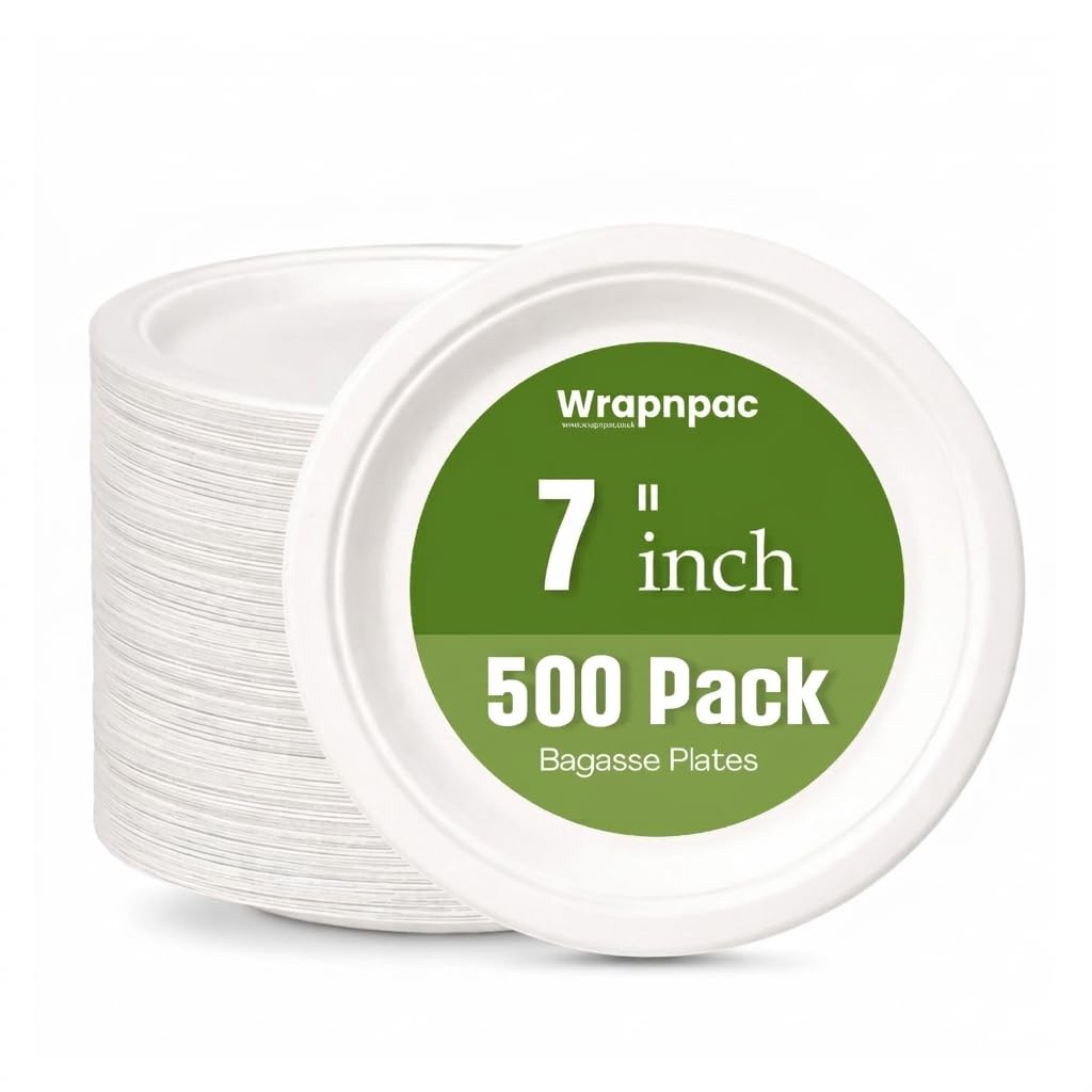 Wrap n Pac 7 inch Round Disposable Biodegradable Bagasse Sugarcane Wedding Party Plates Eco Friendly Tableware Plates (7 Inch - Pack of 500)