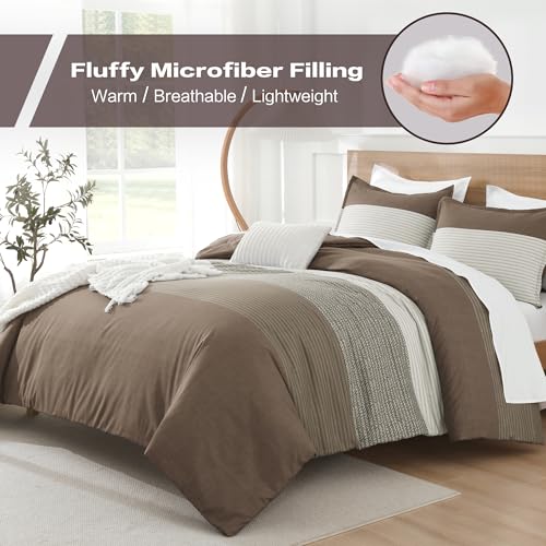 Litanika Comforter Set Full Size Coffee - 3 Pieces Lightweight Colorblock Stripe Fluffy Bedding Comforter Sets, All Season Bed Set