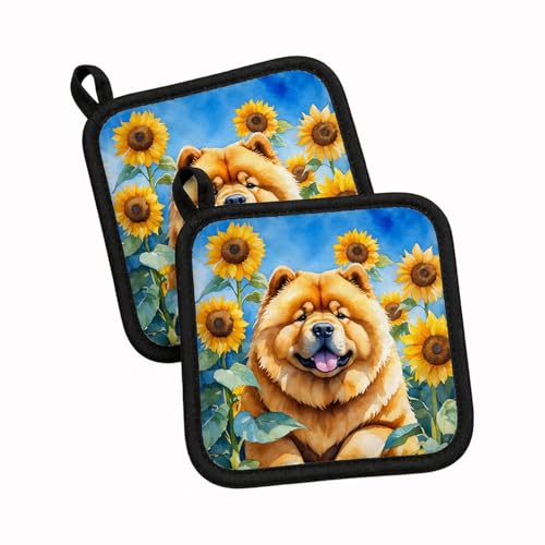 Caroline's Treasures Chow Chow in Sunflowers Pair of Pot Holders Kitchen Heat Resistant Pot Holders Sets Oven Hot Pads for Cooking Baking BBQ, 7 1/2 x 7 1/2