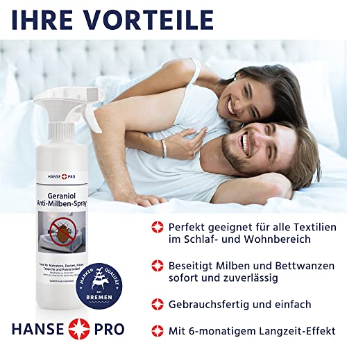 HANSE PRO Geraniol Anti-Milben-Spray, 2 x 500 ml I Hausstaub-Milben-Spray I Milbenschutz I Anti-Milben-Mittel gegen Bettwanzen & Milben I Hausstaubmilben-Allergie I Milben-Bekämpfung