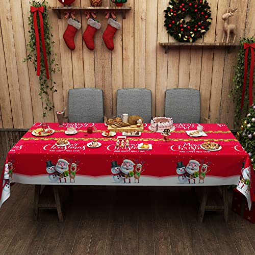 Fibevon Christmas Tablecloths, 2-Pack Rectangular Disposable New Year Tablecloth 54 by 110 inch Premium Table Covers with Elk Snowman and Santa Claus Plastic Tablecloth for Happy New Year Decor – Image 6