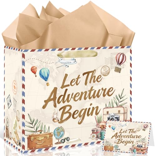 Let The Adventure Begin Gift Bag Travel Gift Wrapping Paper Bag with Greeting Card Tissue Paper for Birthday Retirement Party Decorations Baby Shower Graduation Moving Away Farewell Family Party Supplies