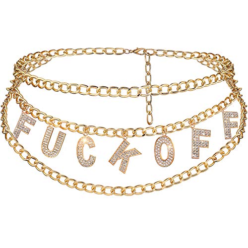 Multilayer Chain Belts for Women Funny Novelty Rhinestone Letter Waist Chain Metal Body Chain Fack Off Gold 110CM/43.3IN