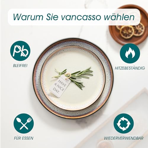 Steingut Geschirr Set 12 Personen Beige, vancasso AMBER Teller Set 12 Personen, Tafelservice 48tlg mit Speiseteller, Dessertteller, Suppenteller, Schüssel, Reaktive Glasur, Hellgelb, Spülmaschinenfest