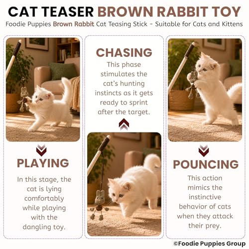 Image of Foodie Puppies Interactive Wooden Teaser Stick with Funny Animal Attachments - (Brown Rabbit) | Suitable for Cats and Kittens | Indoor and Outdoor, Play & Exercise (Size: 40cm)