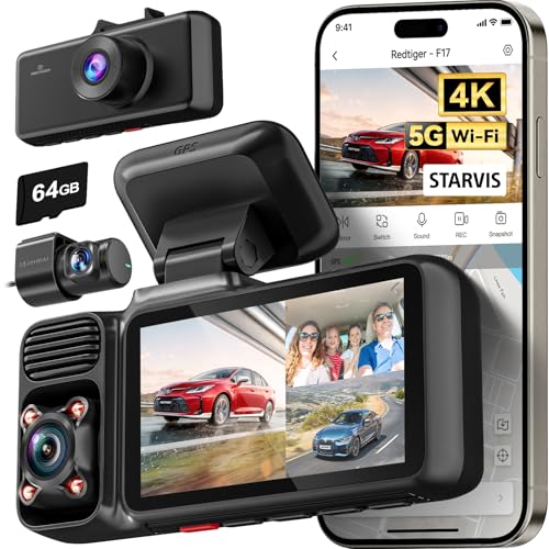 REDTIGER F17 4K 3 Channel Dash Cam 5.8GHz WiFi GPS with 64GB Card, 2160P+1080P+1080P Front and Rear Inside Loop Recording, Triple Car Camera with 3 inch Screen, IR Night Vision, WDR, Parking