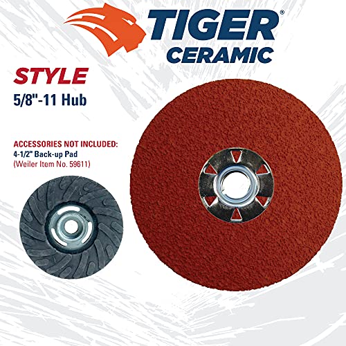 Image of Weiler 69882 Tiger Ceramic Alumina Resin Fiber Sanding & Grinding Disc, 4-1 /2 inch Diameter, 50 Grit, 5 /8 inch - 11 Hub (Pack of 25)