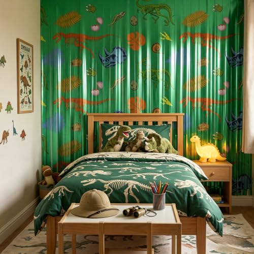 Image of TONIFUL 2Pcs Green Metallic Foil Fringe Curtains with Dinosaur Pattern