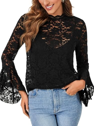 Vrtige Women's Elegant Lace Blouse Mock Neck Bell Long Sleeve Sheer Blouse Shirt Top2