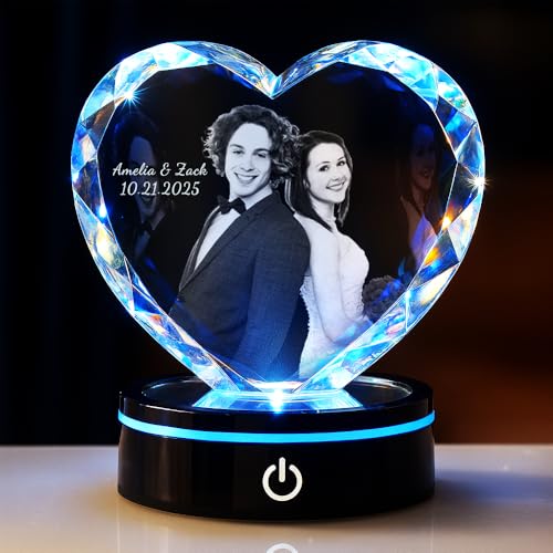 WANDERPRINT Personalized 3D Crystal Photo Heart – Custom 3D Engraved Photo with LED Light Base, Meaningful Gift for Couples, Family, Memorial, Wedding & Birthday (Heart Shape Crystal 3D)