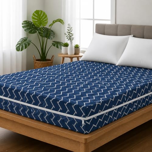 Image of Premium Cotton Printed Mattress Cover /Protector with Zipper Chain|Provides All Around Protection with 360 Encasing |Single Size Bed - 72x36+6 inches (6 x 3 Feet Mattress) - Dark Blue