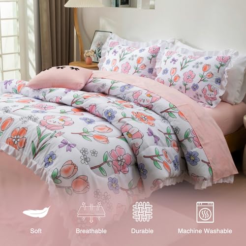 Image of A Nice Night 6 Piece Comforter Set Bed in a Bag with Comforter & Sheet Set,Chic Cute Rabbits Bow Printed Bedding Sets,Princess Ruffle Bedding for Kids Girls,Queen