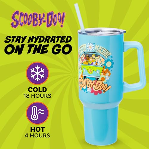 Image of Silver Buffalo Scooby Doo Mystery Machine Featuring Shaggy, Velma, Fred and Daphne Double Walled Stainless Steel Tumbler with Handle and Straw, Fits in Standard Cup Holder, 40 Ounces