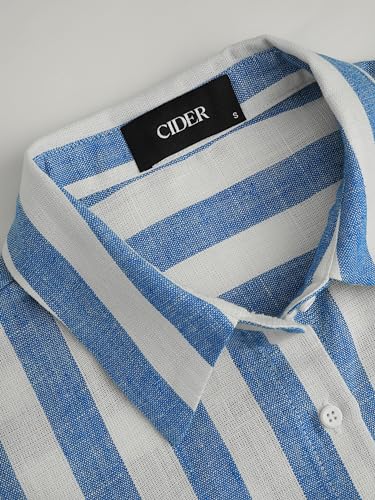 CIDER Santorini Beach Vacation Linen-Blend Collar Striped Pocket Long Sleeve Shirt4