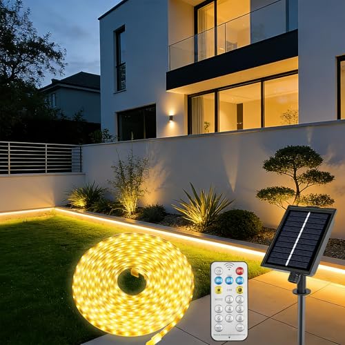 Solar Powered LED Strip Lights 5M 320LEDs, IP68 Waterproof Outdoor LED Lights with Remote, 8 Modes Dimmable Rechargeable Battery Operated LED Lights for Garden Patio Yard Porch Decoration, Warm White