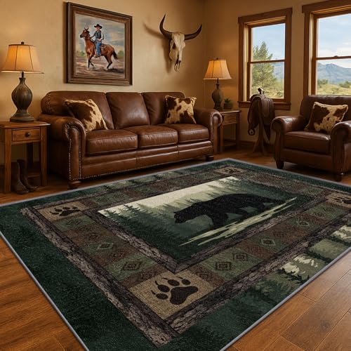 Yoozitrees Cabin Rug 5x8 - Bear Rug, Wildlife Rustic Green Area Rugs, Forest Wild Animal Lodge...