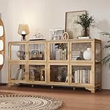 WOODTIME 78.7' W Wooden Sideboard with 8 Glass Doors & Fir Wood Frame, Storage Curio Display Cabinet with Patterned Backpanel, Coffee Bar Cabinet for Living Room Home Office, Brown