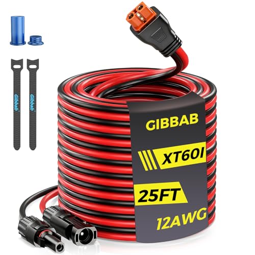 25FT 12AWG Solar to XT60i Gibbab 3 6 10 16 20 25FT Solar Panel Connector to XT60i-F Adapter Extension Charging Cable with Caps & Wire Ties for LiFePO4 Battery RV Portable Power Station Generator