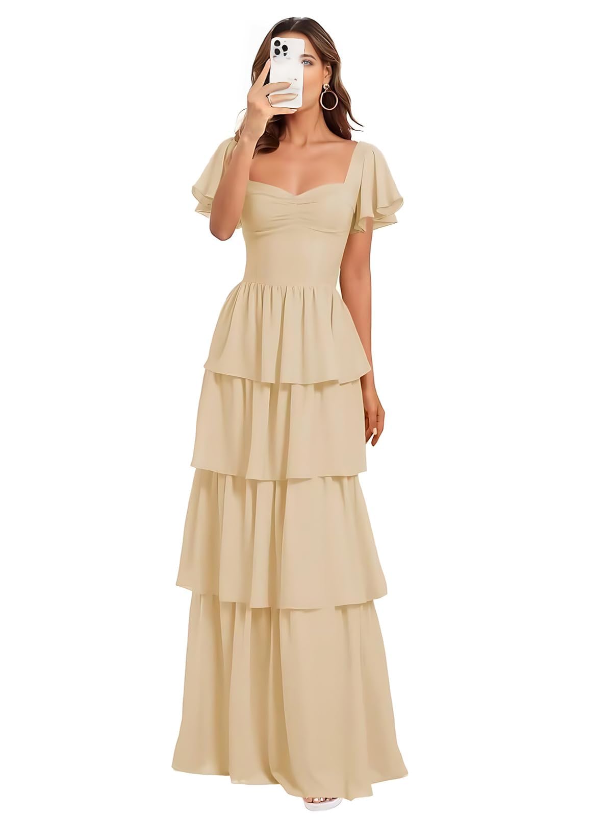 Kurzarm Chiffon Abendkleider Elegant für Hochzeit,Gestufte A-Linie Brautjungfernkleider Lang für Damen Maxi Beach Festliche Kleider für Hochzeitsgäste