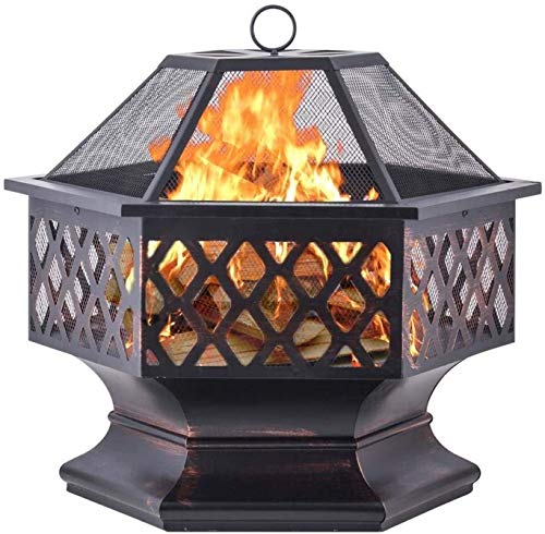 RUHEN Brasero de Exterior Braseros de Exterior Brasero Hexagonal, Brasero de Exterior para calefacción, jardín y Chimenea, con Tapa