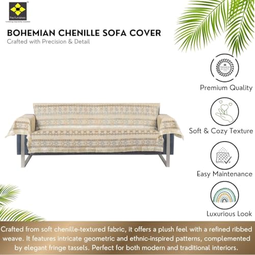 Image of Elegant Woven Beige Sofa Cover - Soft Chenille Traditional Pattern with Lace Style | L-Shape Sectional Seat Protector for Living Room | Durable & Stylish Slipcover 3 Seater with Arms