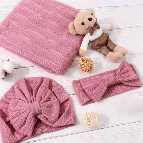 Image of AQOKKA Baby Swaddle Blankets with Bow Hat Headband Set Wheat-Pattern Infant Receiving Blankets Swaddles for Newborns Unisex Toddler Swaddle Wrap Sets for Baby Girls Boys Nursery Warm Shower Gift