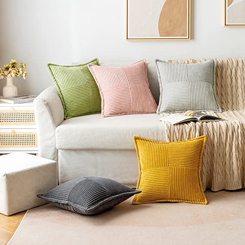 Image of MIULEE Spring Decorative Throw Pillow Covers for Couch Bed Livingroom 18x18 Inch Set of 2 Green Boho Accent Throw Pllows Broadside Striped Patchwork Soft Corduroy Summer Pillowcases