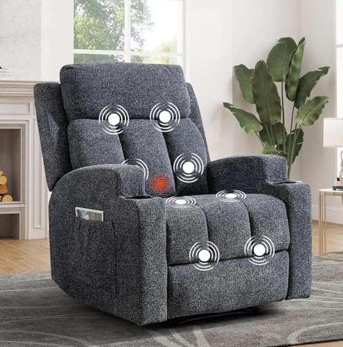 ANJ Classic Manual Recliner Chair with Massage and Heat for Adults Soft Fabric Recliners with Two Cup Holders Overstuffed Heavy Duty Single Reclining Sofa for Living Room Grey