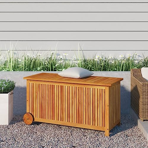 Boîte de rangement d'extérieur avec roulettes, conteneur de terrasse en bois pour coussins et outils, idéal pour l'organisation du jardin, de la piscine et du garage, 113 x 50 cm