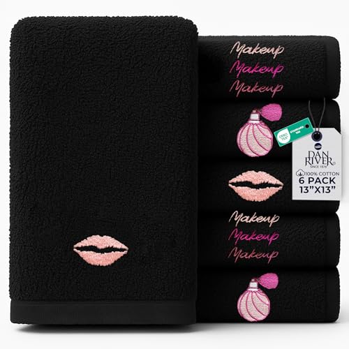 Image of DAN River Black Makeup Towels - Pack of 6 (13x13 in) - Ultra Soft Cotton Face Towels with Embroidery - Reusable, Quick-Dry & Machine Washable Makeup Remover Cloths for Bathroom, Spa & Salon