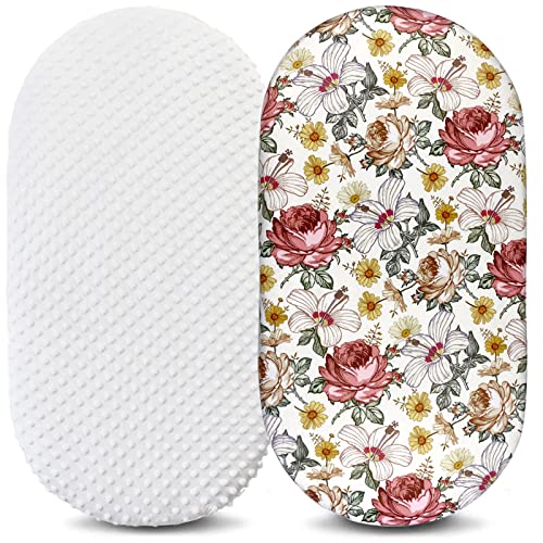 Image of Owlowla Bassinet Sheet Set,Ultra Soft Minky Cradle Sheets Universal Fitted Bassinet Pad/Mattress for Baby Boys Girls(Ivory/Floral)