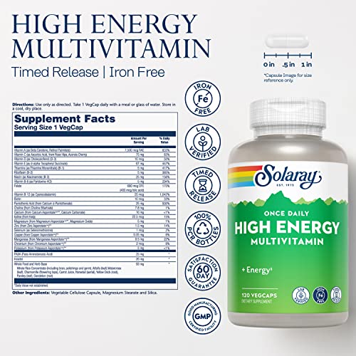 SOLARAY High Energy Multivitamin, No Iron, 1/Day, Timed-Release Formula, Whole Food & Herb Base 120 VegCaps - Image 3