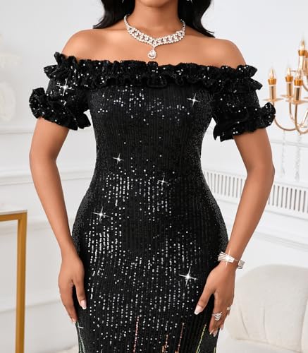 Image of dasmzper Women Sexy Sequin Off Shoulder Ruffle Short Sleeve Bodycon Mermaid Party Formal Evening Maxi Dress