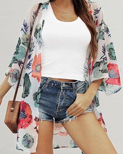 Image of Women's Kimono Swimsuit Coverups Summer Beach Loose Cardigans for Swimwear | CHICGAL Casual Open Front Chiffon Cover Up, 3 /4 Sleeve Lightweight Vacations Outfits 2026, Long Summer Resort Wear