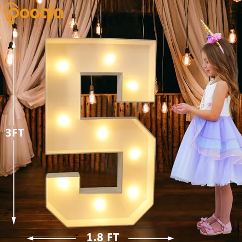 Image of Pooqla 3 FT Light Up Number 5 for 5th 25th 50th Birthday Decorations, Large Marquee Number with Cool White Warm White LED Lights Birthday Decorations for Girl Boy, Wedding Anniversary Party Decoration