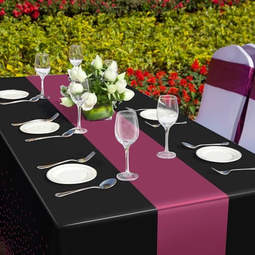 Image of 3Pcs Black and Maroon Purple Tablecloth Party Decorations,Plastic Black Table Cloth Printed Maroon Purple Table Runner Disposable Rectangle Table Cover for Birthday Wedding Graduation Party,54x108Inch