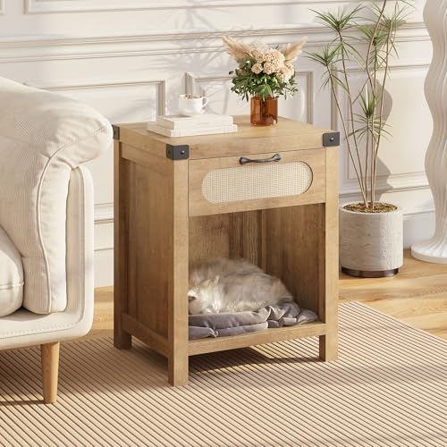 GarveeHome Rattan Night Stands, Farmhouse Bedside Table, Night Stand with Drawer and Open Shelf, Boho End Table for Living Room,Bedroom, Natural