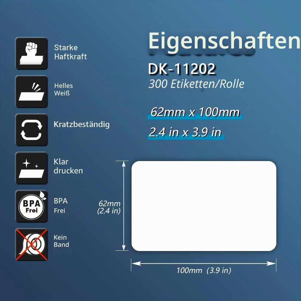 BETCKEY - 10 Rollen DK-11202 Versandetiketten Kompatibel mit Brother, 62mm x 100mm, 3000 Etiketten für Brother QL Etikettendrucker (2 Wiederverwendbare Etikettenhalter)