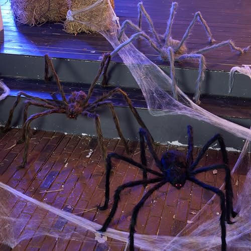 Image of JOYIN 3 Pcs Halloween Spiders Outdoor Decoration, Halloween Decor Outside, 5 Ft Large Hairy Giant Multi Color Spider Set for Yard Lawn Porch Decor Indoor Haunted House Scary Prop (Black, Brown, Gray)