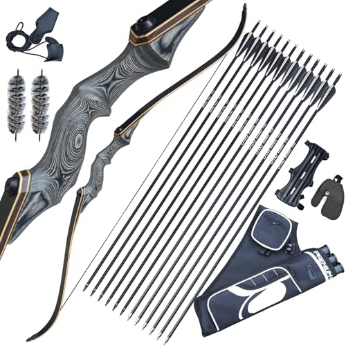 D&Q Takedown Recurve Bow Black Hunter Longbow, 60" Hunting Bows for Adults with 12pcs Arrows (50lbs)