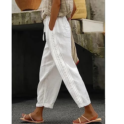 LOAIHA Women's Cotton Linen Pants Summer Casual Elastic High Waist Solid Straight Wide Leg Loose Fit Pants with Pockets2